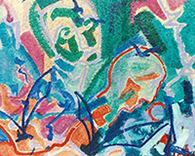 abstrakte Malerei auf Tapete, 2 dargestellte Köpfe tauchen ein in türkisfarbene Hintergrundformen.