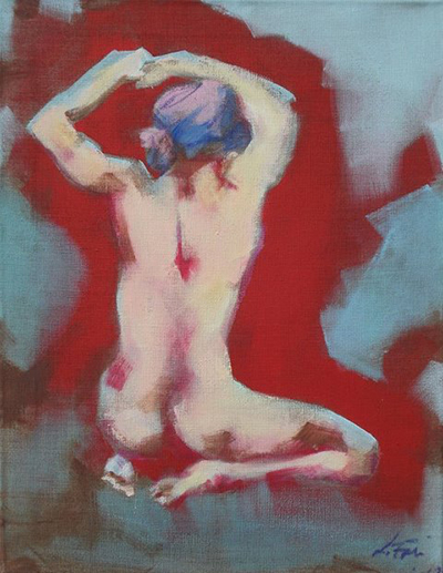 Kunstausstellung Skizzen, Malerei und Plastiken - ArtLara malt Acrylbilder wie diesen Akt im Rot.